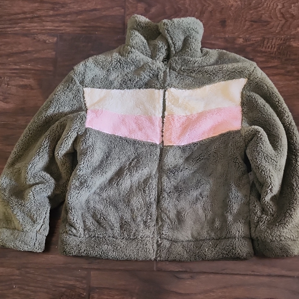 Kids Fleece Puffer Jacket - Olive, Pink, and Cream